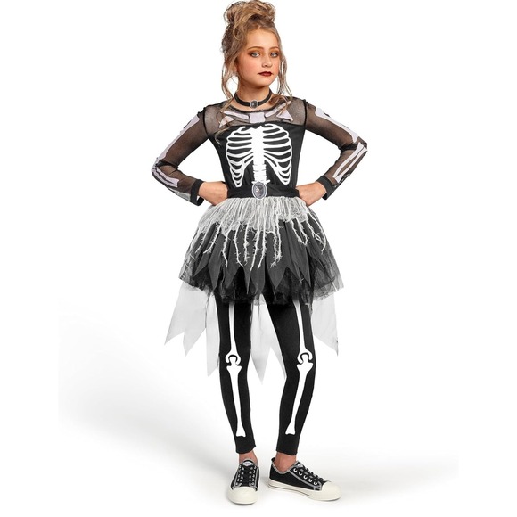 Spooktacular Creations Skeleton Costume Girls Dress Leggings Halloween Sz S 5-7 - Picture 1 of 8
